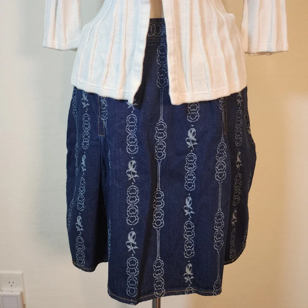 Tory Burch Womens Blue Gemini Jacquard Denim Mini Skirt A-Line Pleated Sz‎ 12